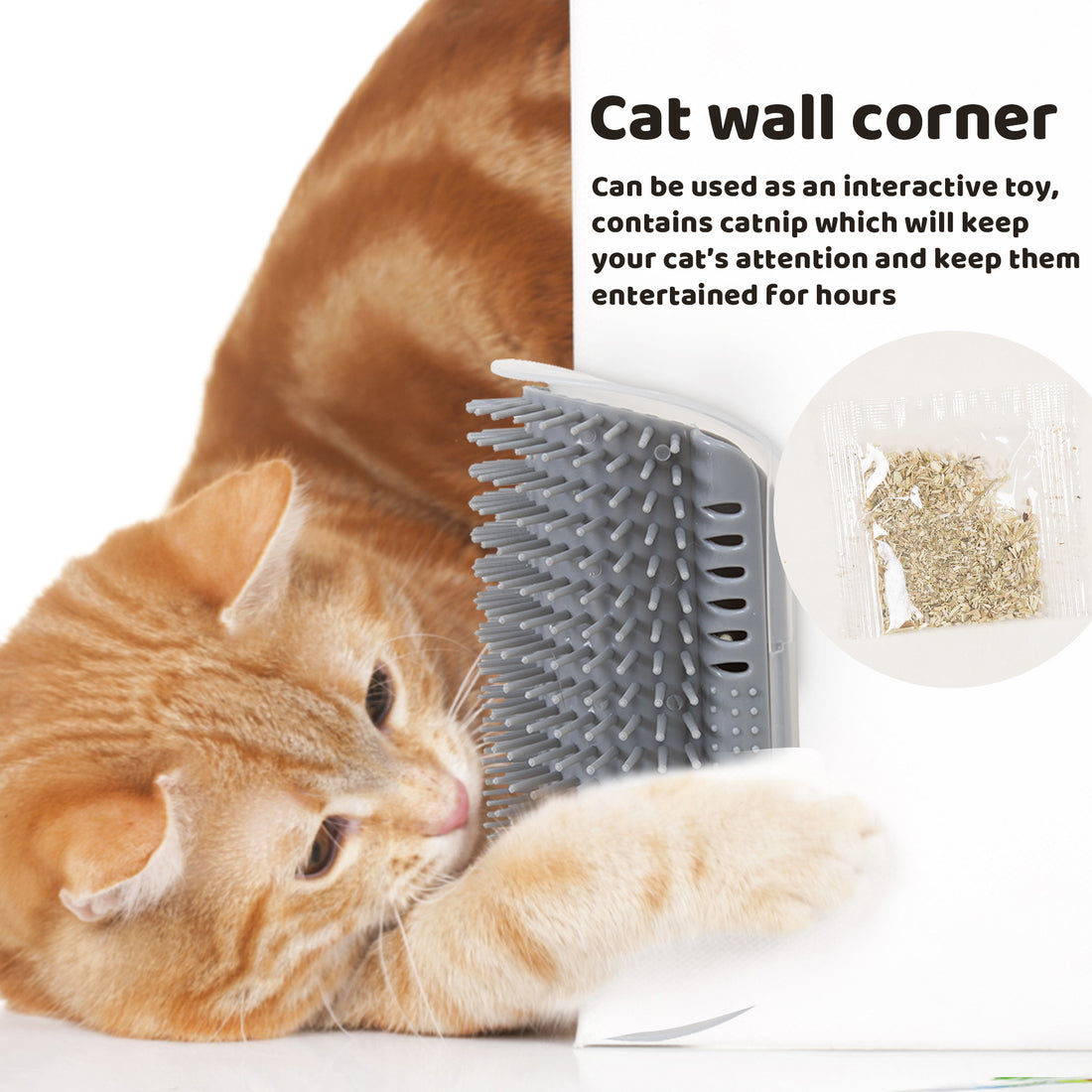 Adorable cat happily using the Cat Wall Corner Brush, Scratcher,  and Rubbing Comb for self-grooming and relaxation. Check our our instruction manual for step-by-step installation instructions.