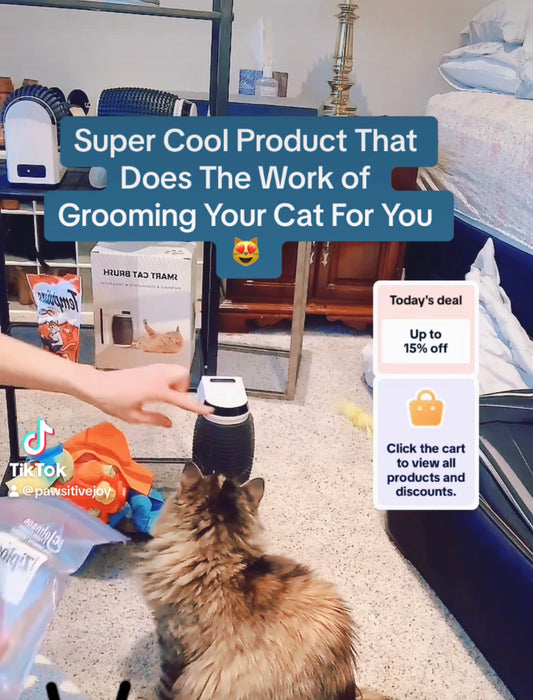 Screenshot of the Smart Cat Brush video on our TikTok Shop. If you are looking for cat grooming products and wall-mounted cat brushes, check out our videos on social media of our products.