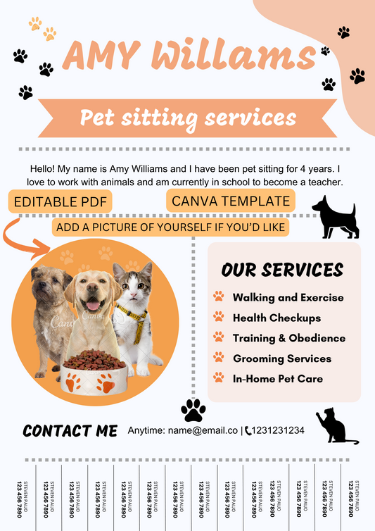 Pet Sitting Services Digital Flyer- Editable PDF - Canva Template - Flyer for Dog walking, Cat Sitting, Pet Sitting Business with Tear-away