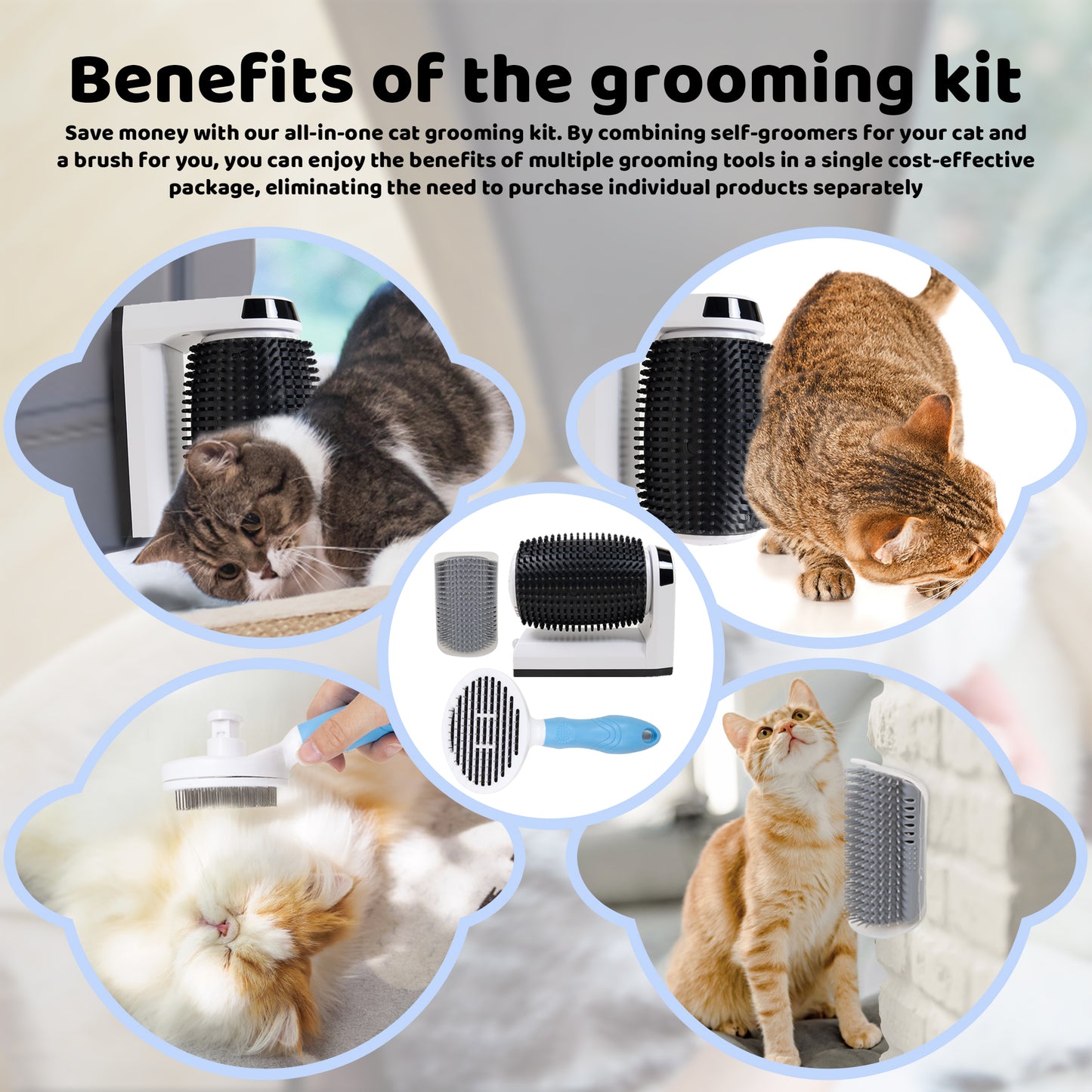 Complete Self-Grooming Kit for Cats: Three wall-mounted self groomers and a self-cleaning brush. Pamper your feline friends and reduce shedding effortlessly.