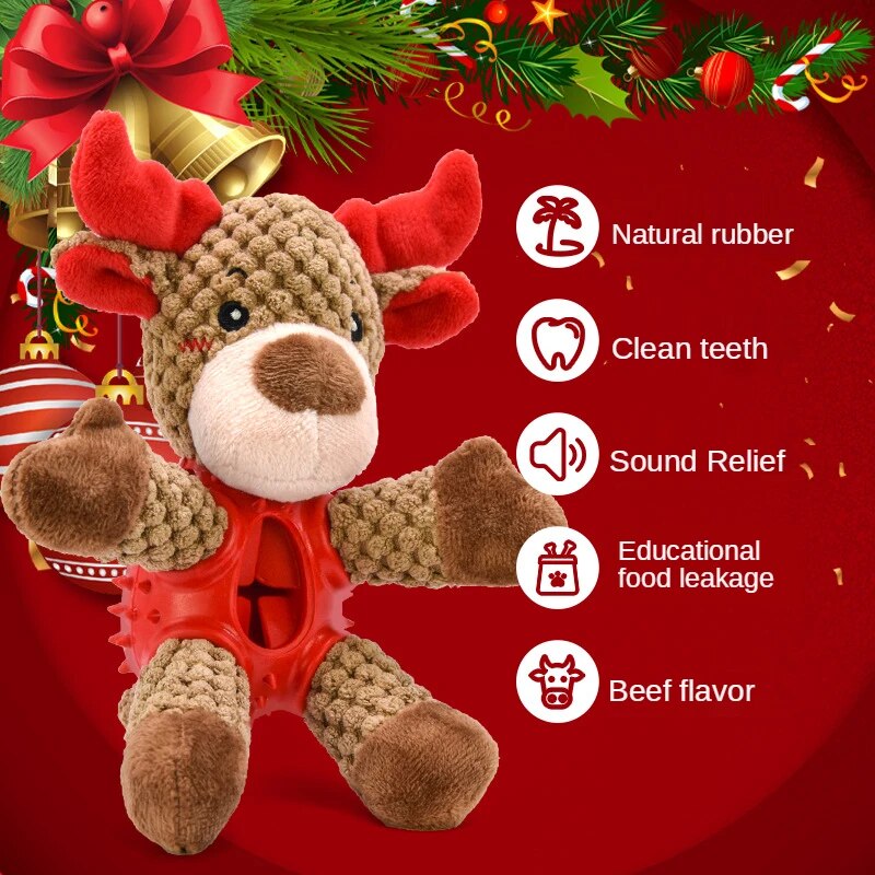 Corduroy Christmas Elk Squeaky Toy for Dogs. This corduroy Christmas Elk toy is perfect for medium and large dogs. It squeaks, cleans teeth, and spreads holiday joy with its festive design.