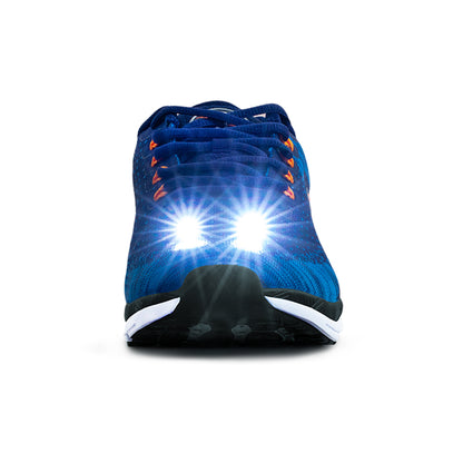 Men's Night Runner Shoes with Built-in Safety & Utility Lights for an Enhanced Running Experience. This picture shows the forward facing LED lights. 