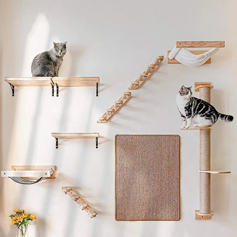 Wall-Mounted Cat Furniture Set: Cat Scratching Post, Steps, Climbing Wall, Hammock Bed, Kitten Shelf, Wooden Tree House, Shelf, & Cat Perch