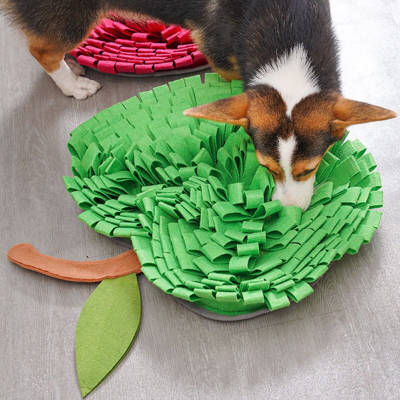 Engage Your Pup's Senses with Our Apple-Shaped Dog Snuffle Mat - A Fun Puzzle Feeder! Keep your furry friend entertained and mentally sharp with this interactive dog snuffle mat. Great for boosting intelligence and enhancing their natural instincts.