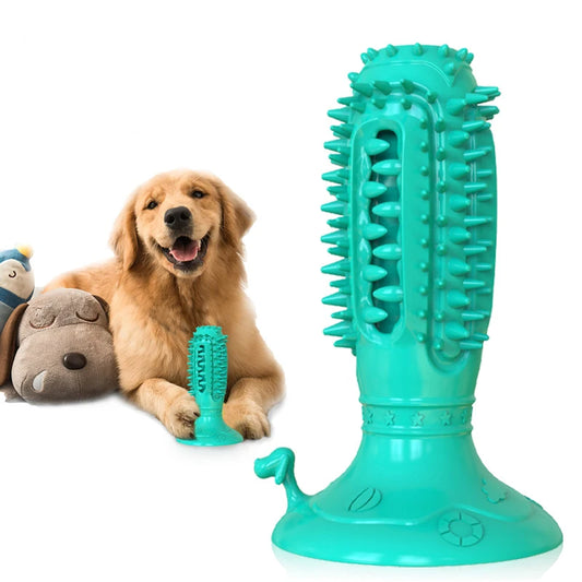 A dog happily engaging with the Dog Toothbrush Dental Stick Cleaning Toy.  This toy caters to different pets' needs, promoting dental care and anxiety relief across diverse canine companions and felines as well.