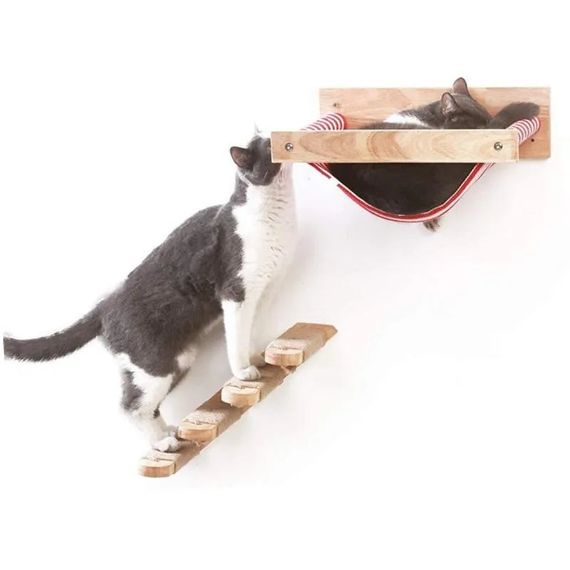 Wall-Mounted Cat Furniture Set: Cat Scratching Post, Steps, Climbing Wall, Hammock Bed, Kitten Shelf, Wooden Tree House, Shelf, & Cat Perch