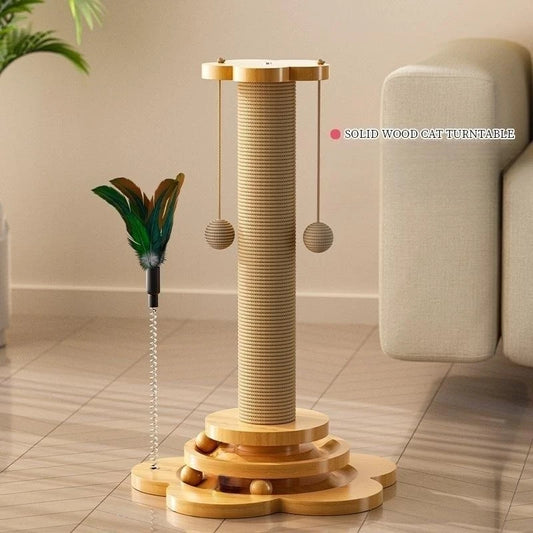 Solid Wood Cat Turntable Toy - Interactive Sisal Scratching Post, Durable Cat Toy.