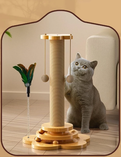 Premium Quality Cat Toy Set - Solid Wood Construction - 3-Layer Sisal Scratching Post - Catnip Balls Included.