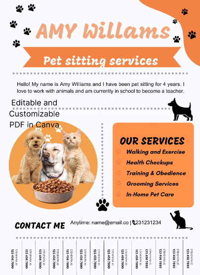 Pet Sitting Services Digital Flyer- Editable PDF - Canva Template - Flyer for Dog walking, Cat Sitting, Pet Sitting Business with Tear-away