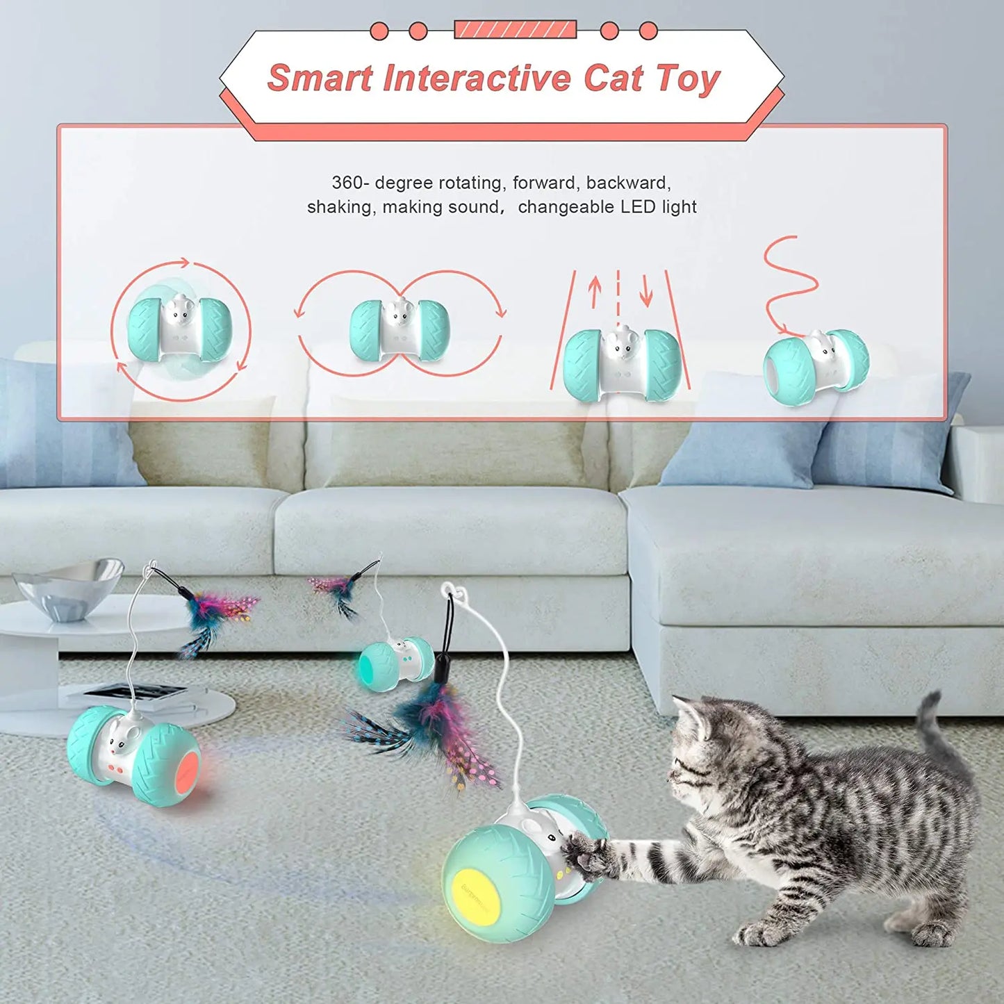 Electronic Mouse and Feather Chase Toy for Cats - Interactive Cat Toys for Indoor Cats and Kittens