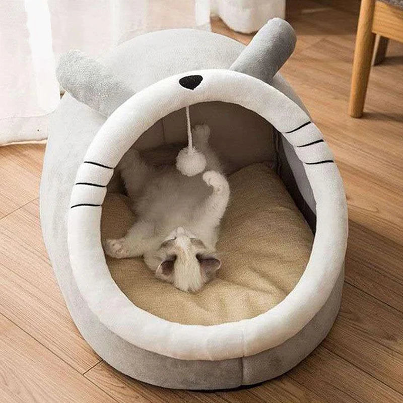 Cute cat in Self-Warming Pet Tent Cave Bed. Breathable cotton, removable pad for easy cleaning. Adorable design, perfect for cozy naps.