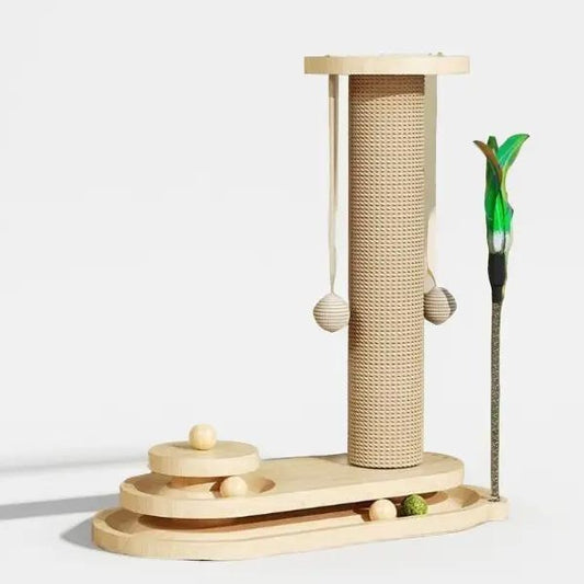 Sisal rope cat scratching post with interactive cat hanging ball toys, providing essential pet play furniture.