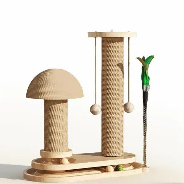 Cat tree and scratching post featuring feather teaser toys – the perfect addition to your cat's playtime and training supplies.