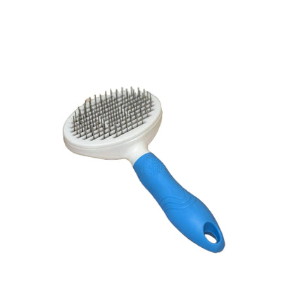 Thick needle self-cleaning slicker brush for cats, dogs, and pets with one-press hair removal button.