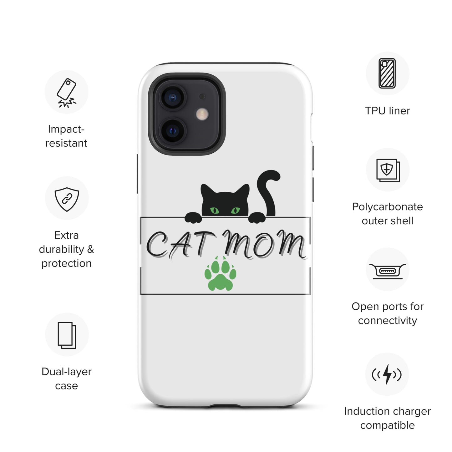 Cat Mom iPhone Case - Cute, Protective Phone Case Cover for iPhone Multiple Sizes 11 Pro Max, 12 Pro, SE, Mini, XR and More! Tough Case for iPhone®