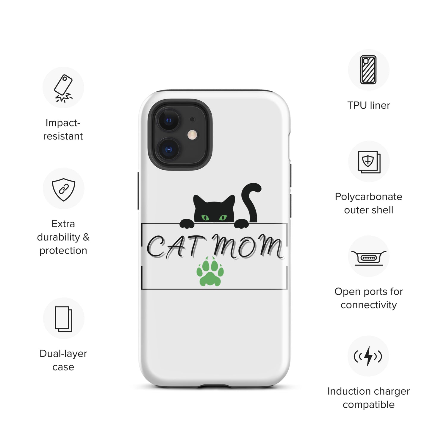 Cat Mom iPhone Case - Cute, Protective Phone Case Cover for iPhone Multiple Sizes 11 Pro Max, 12 Pro, SE, Mini, XR and More! Tough Case for iPhone®