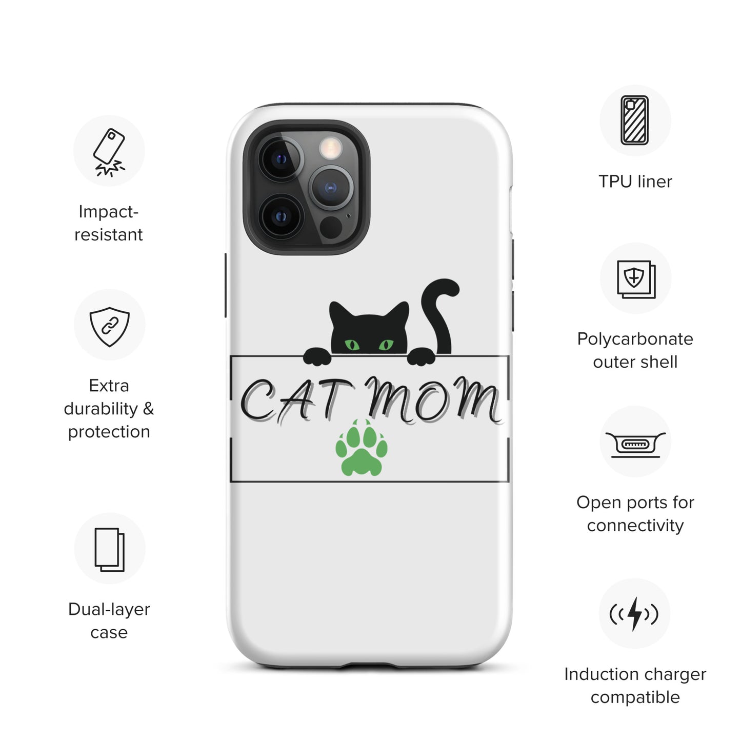 Cat Mom iPhone Case - Cute, Protective Phone Case Cover for iPhone Multiple Sizes 11 Pro Max, 12 Pro, SE, Mini, XR and More! Tough Case for iPhone®