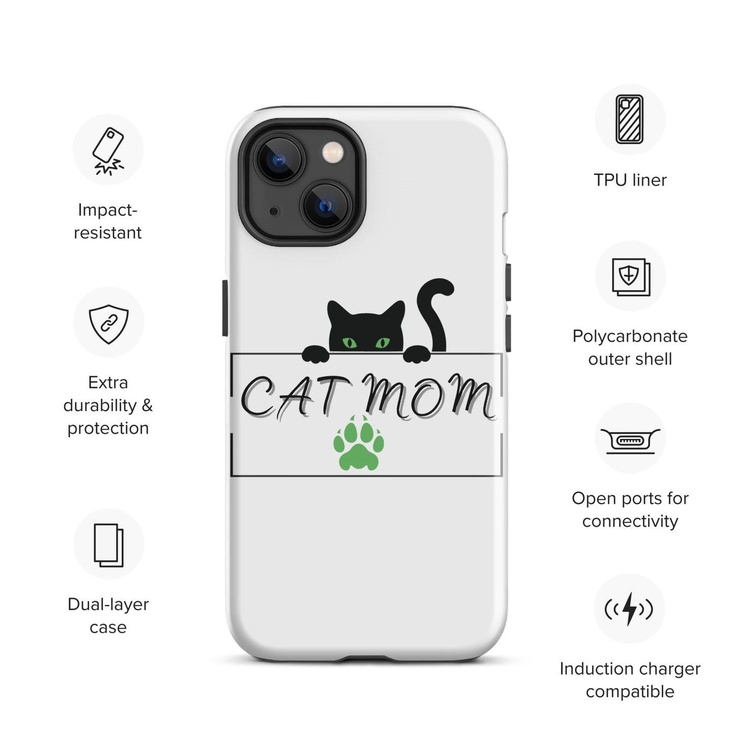 Cat Mom iPhone Case - Cute, Protective Phone Case Cover for iPhone Multiple Sizes 11 Pro Max, 12 Pro, SE, Mini, XR and More! Tough Case for iPhone®