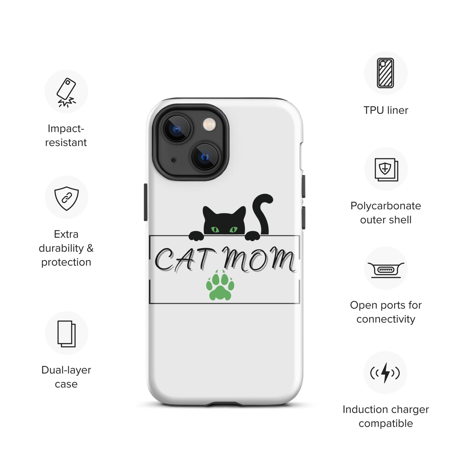 Cat Mom iPhone Case - Cute, Protective Phone Case Cover for iPhone Multiple Sizes 11 Pro Max, 12 Pro, SE, Mini, XR and More! Tough Case for iPhone®