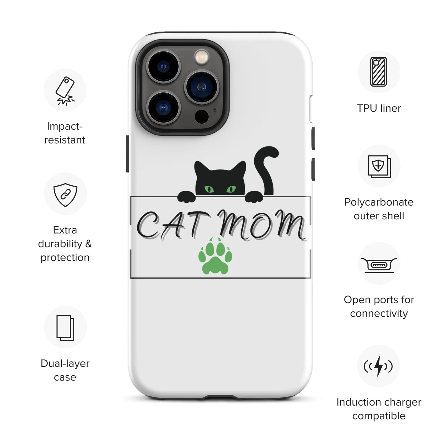 Cat Mom iPhone Case - Cute, Protective Phone Case Cover for iPhone Multiple Sizes 11 Pro Max, 12 Pro, SE, Mini, XR and More! Tough Case for iPhone®