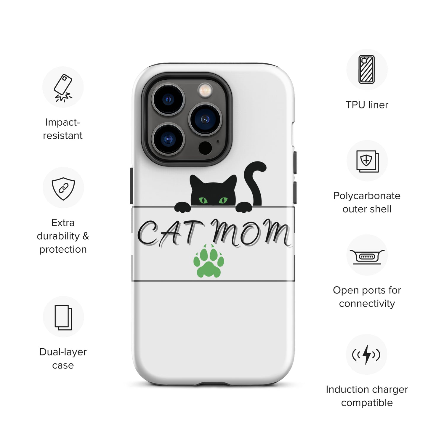 Cat Mom iPhone Case - Cute, Protective Phone Case Cover for iPhone Multiple Sizes 11 Pro Max, 12 Pro, SE, Mini, XR and More! Tough Case for iPhone®