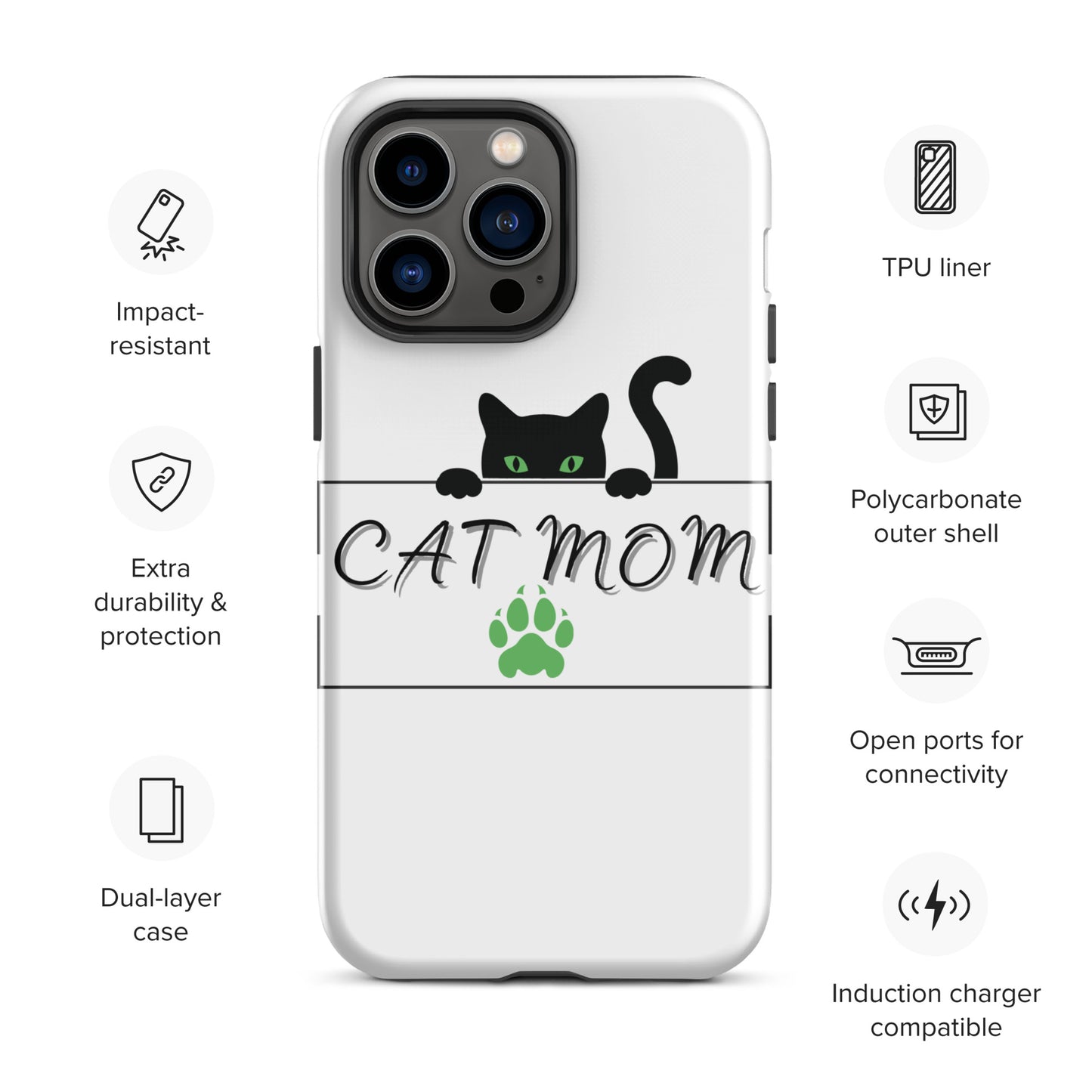 Cat Mom iPhone Case - Cute, Protective Phone Case Cover for iPhone Multiple Sizes 11 Pro Max, 12 Pro, SE, Mini, XR and More! Tough Case for iPhone®