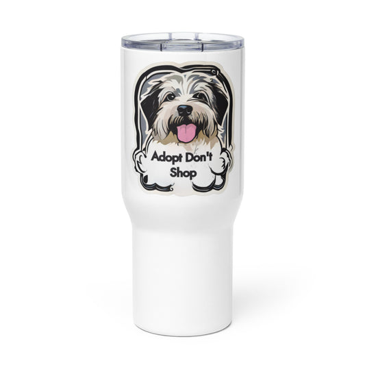 Cute 25 oz travel mug with handle featuring an adorable dog design and a heartwarming message that encourages pet adoption, 'Adopt Don't Shop.' This travel mug is perfect for pet lovers who want to bring awareness to animal adoption. 