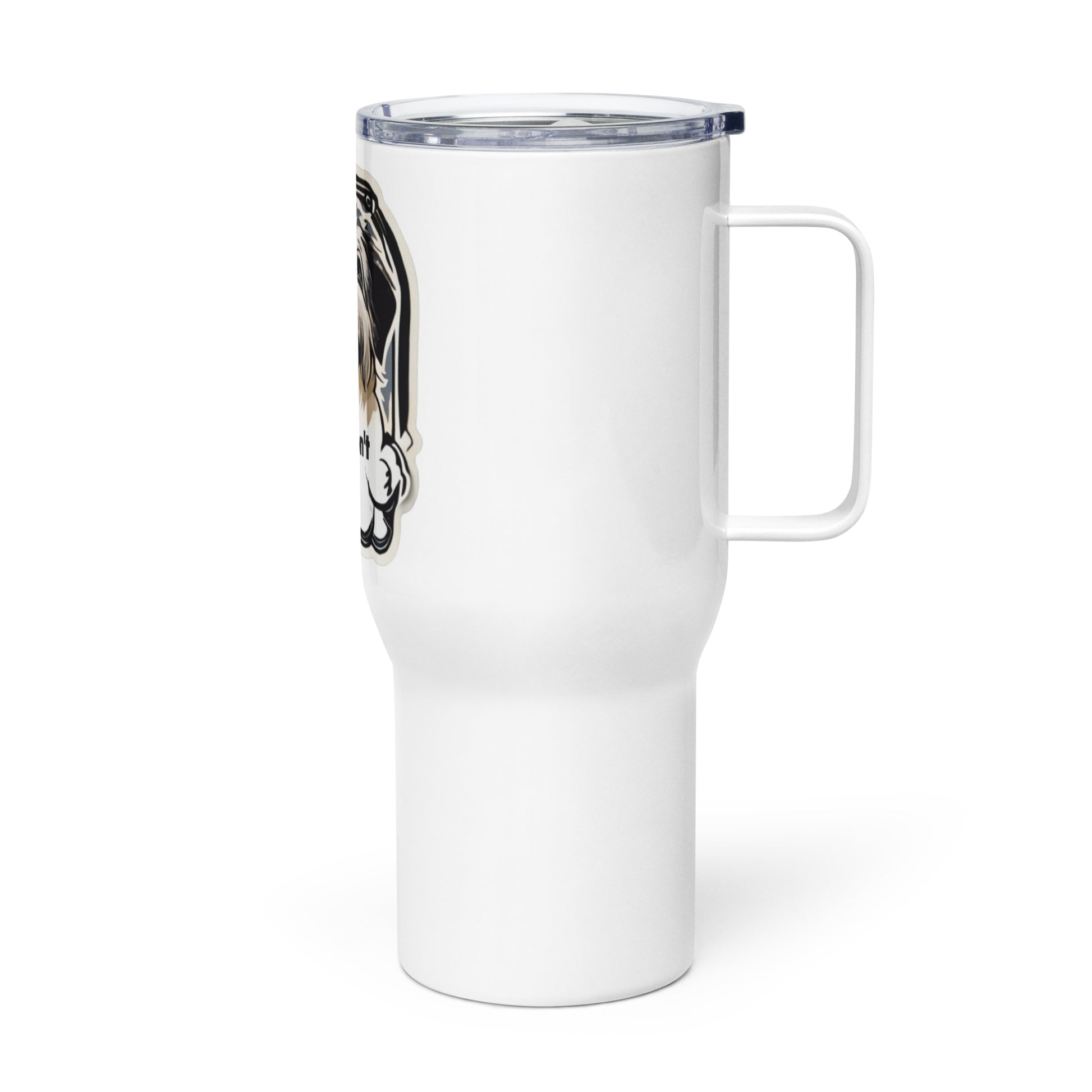 Stay hydrated in style with this 25 oz travel mug, featuring an endearing dog illustration and the heartfelt message 'Adopt Don't Shop.' A must-have accessory for dog enthusiasts who are passionate about promoting animal adoption.