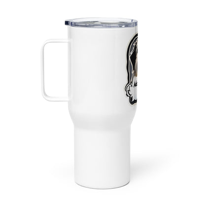 Durable 25 oz travel mug with a convenient handle, showcasing a charming dog-themed design with the 'Adopt Don't Shop' motto. Ideal for  individuals who want a stylish way to enjoy their drinks while supporting pet adoption.