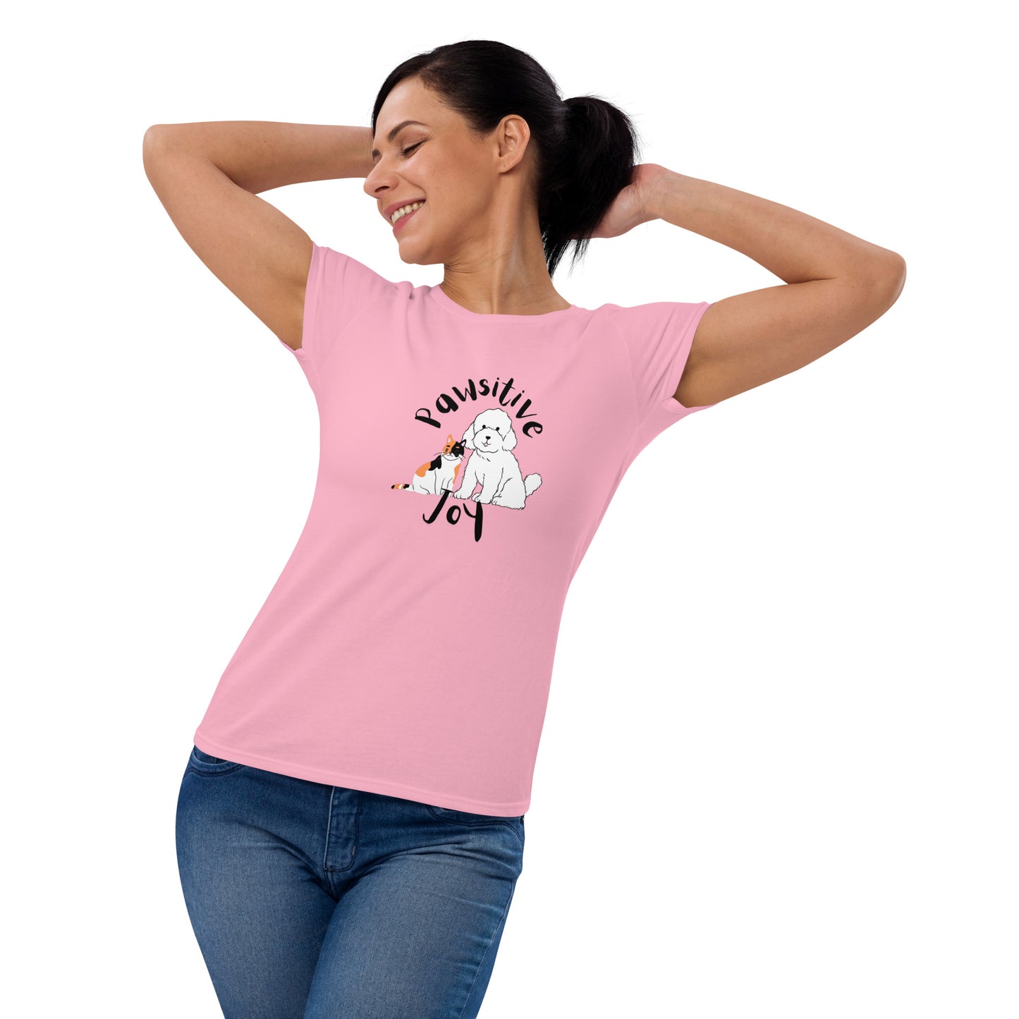 Women's Short Sleeve Fashion Fit T-Shirt: Pawsitive Joy | Comfort, Style, and Compassion Scoop Neck Tee in Red, White, Blue, Pink, and Gray