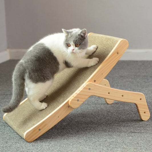 A happy cat playing with the 3-in-1 Wood Cat Scratch Board Bed - the perfect cat scratcher and pet toy combo. This wooden vertical cat scratcher promotes healthy claw training, nail grinding, and interactive play. Spoil your feline friend with this entertaining and cozy cat bed.